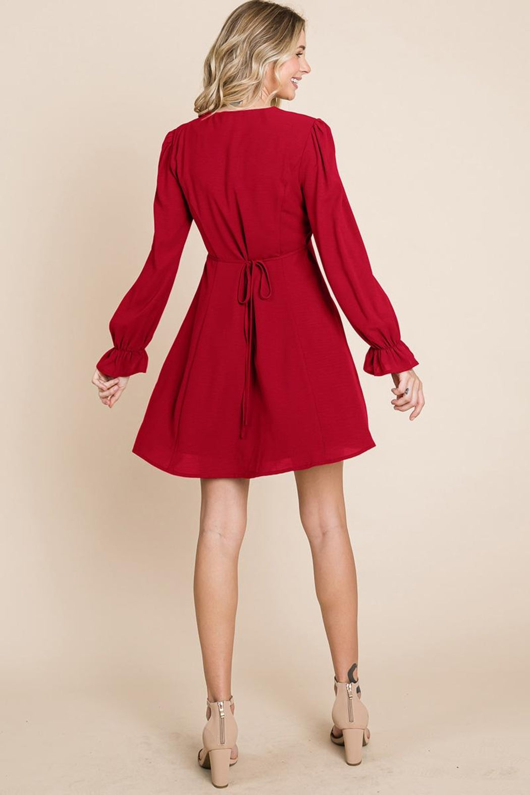 V Neck Button Down Long Sleeve Dress