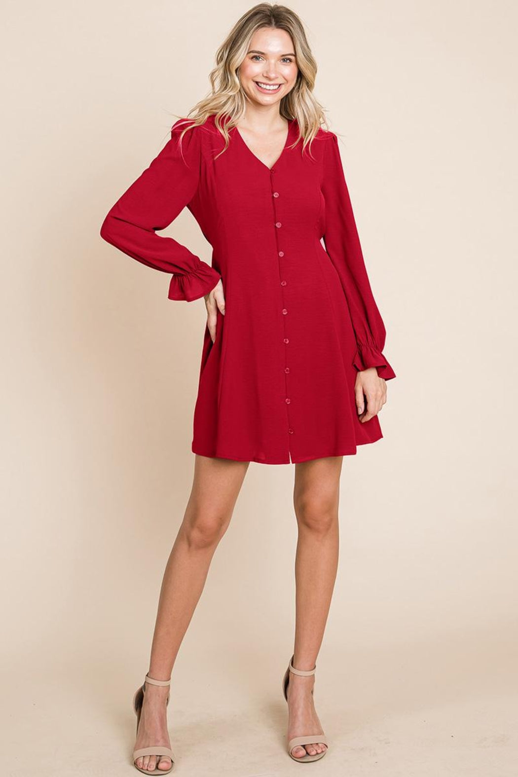 V Neck Button Down Long Sleeve Dress