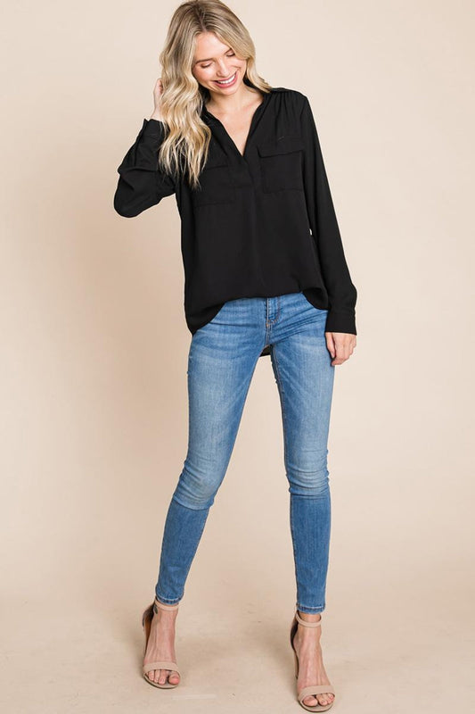 V Neck Collared Pocket Detail Blouse Shirts