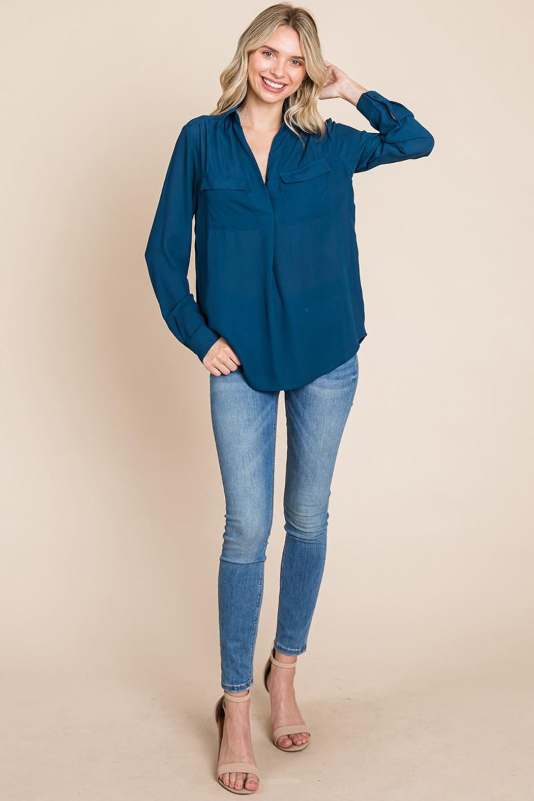 V Neck Collared Pocket Detail Blouse Shirts