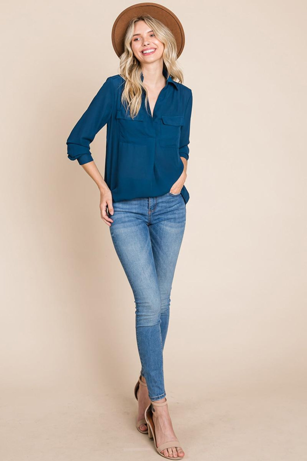 V Neck Collared Pocket Detail Blouse Shirts