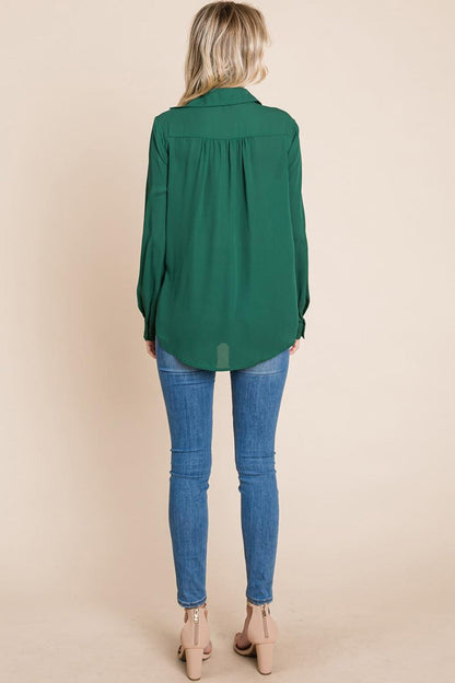V Neck Collared Pocket Detail Blouse Shirts