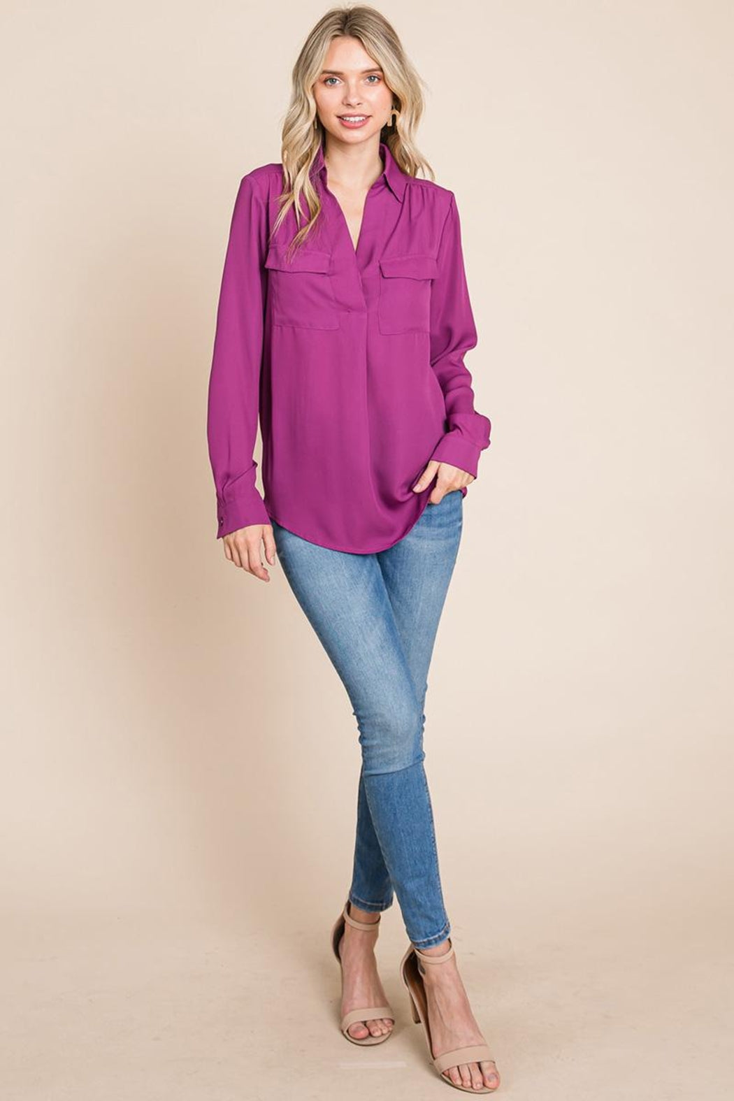 V Neck Collared Pocket Detail Blouse Shirts