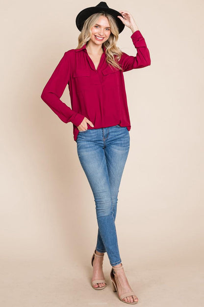 V Neck Collared Pocket Detail Blouse Shirts