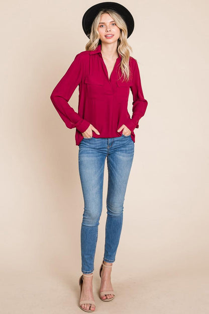 V Neck Collared Pocket Detail Blouse Shirts