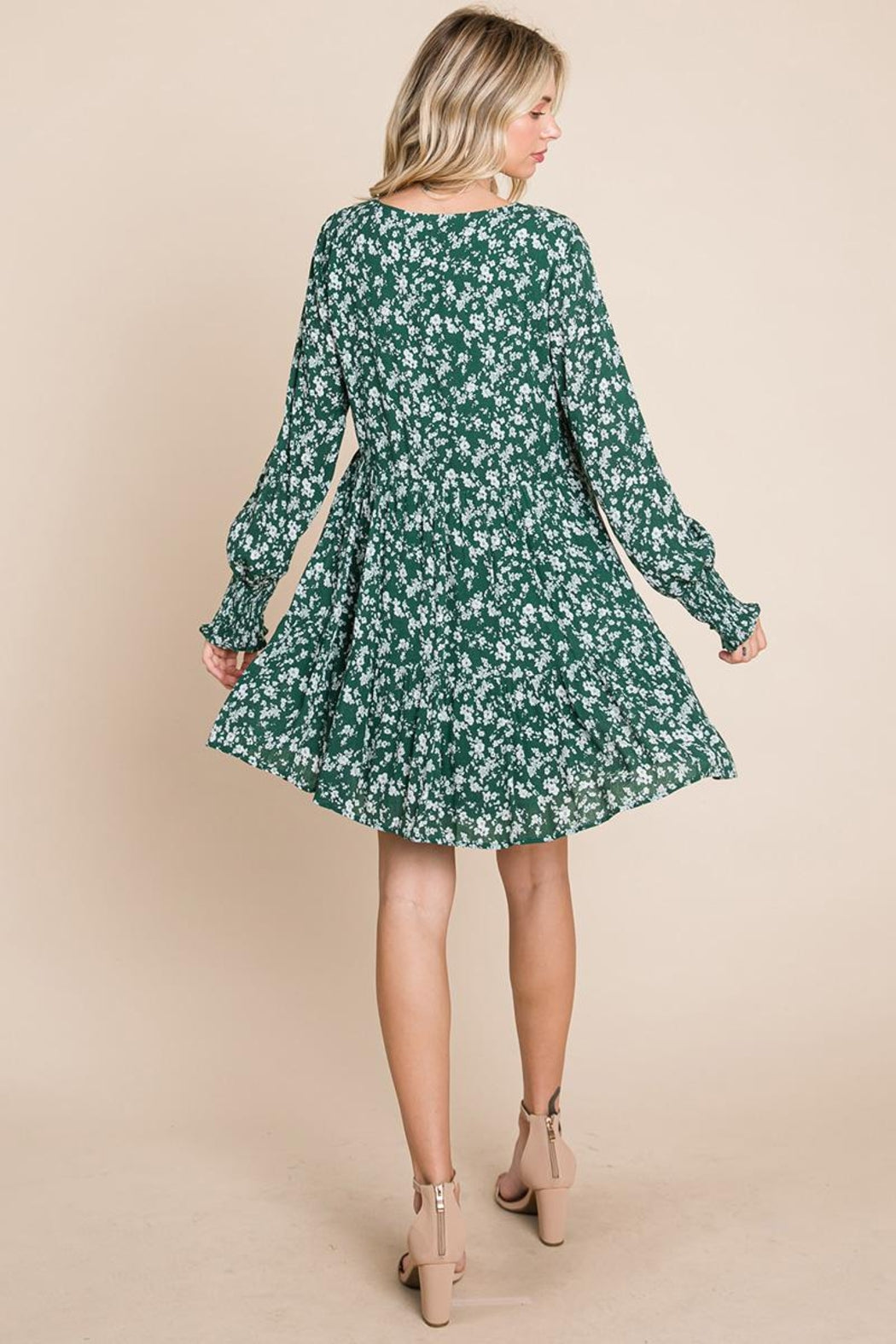 V Neck Floral Printed Long Sleeve Pleated Dress