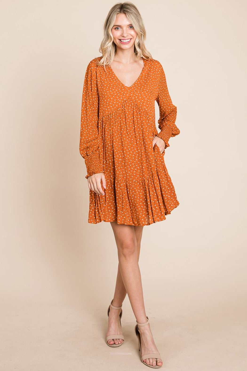 V Neck Floral Printed Long Sleeve Pleated Dress
