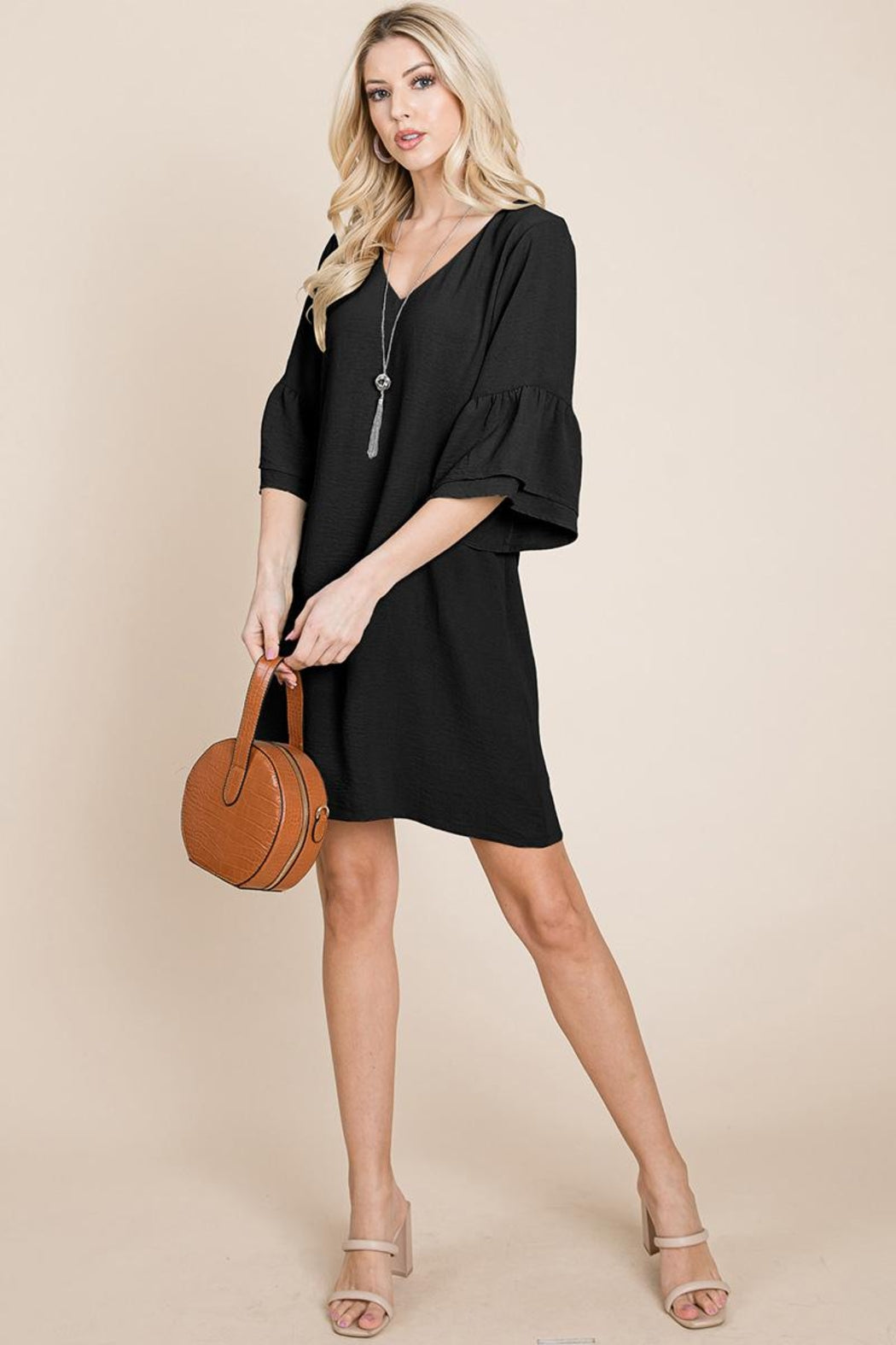 V Neck Flounce Ruffle Sleeve Tunic Shift Dress