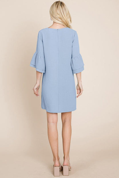V Neck Flounce Ruffle Sleeve Tunic Shift Dress