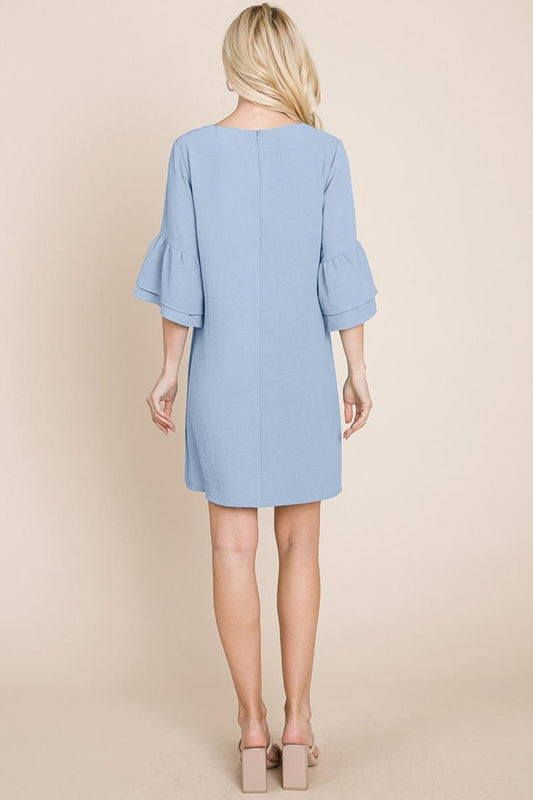 V Neck Flounce Ruffle Sleeve Tunic Shift Dress