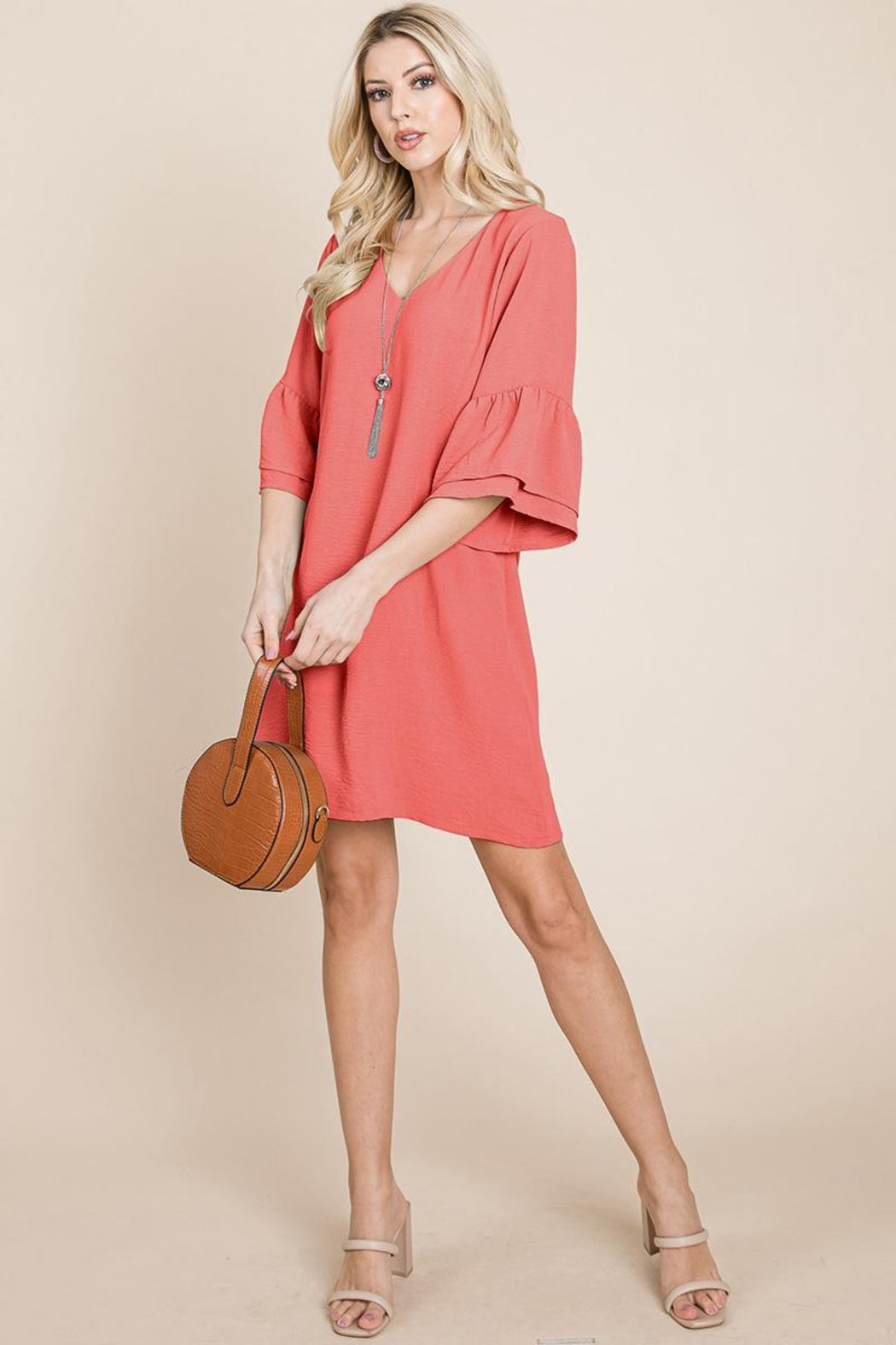 V Neck Flounce Ruffle Sleeve Tunic Shift Dress