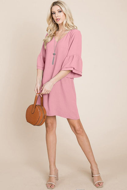 V Neck Flounce Ruffle Sleeve Tunic Shift Dress