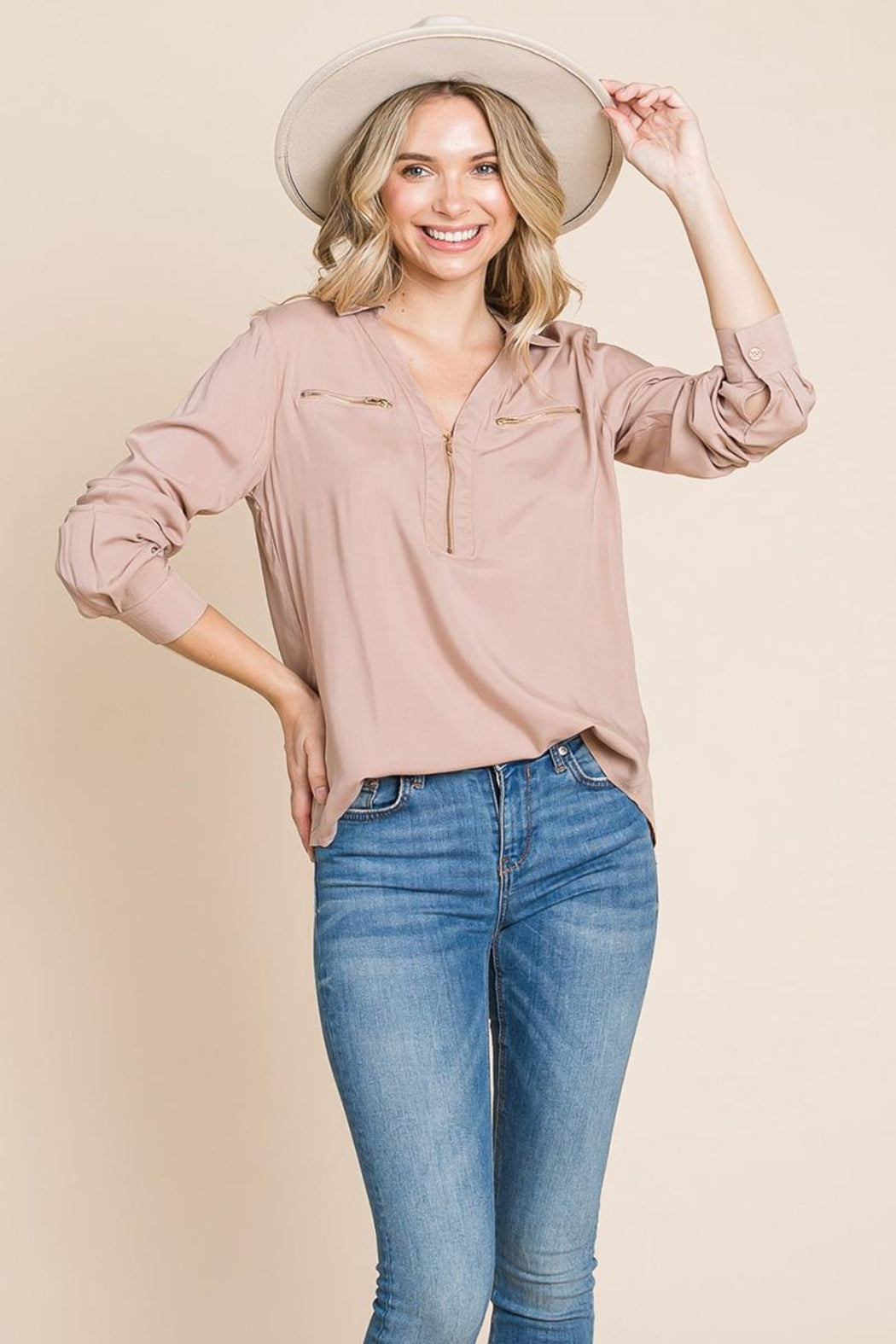 V Neck Front Zip Up Long Sleeve Top