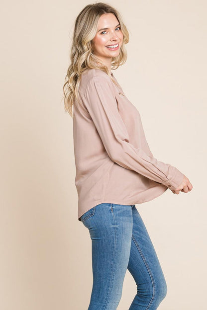V Neck Front Zip Up Long Sleeve Top