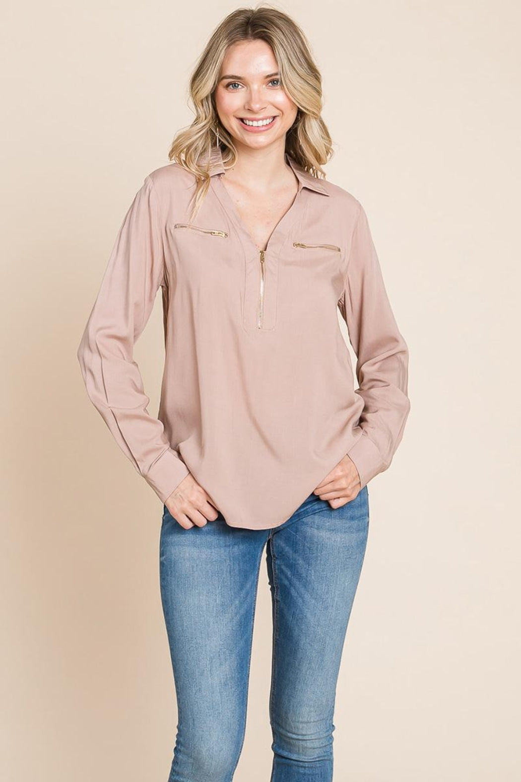 V Neck Front Zip Up Long Sleeve Top