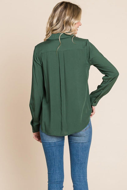 V Neck Front Zip Up Long Sleeve Top