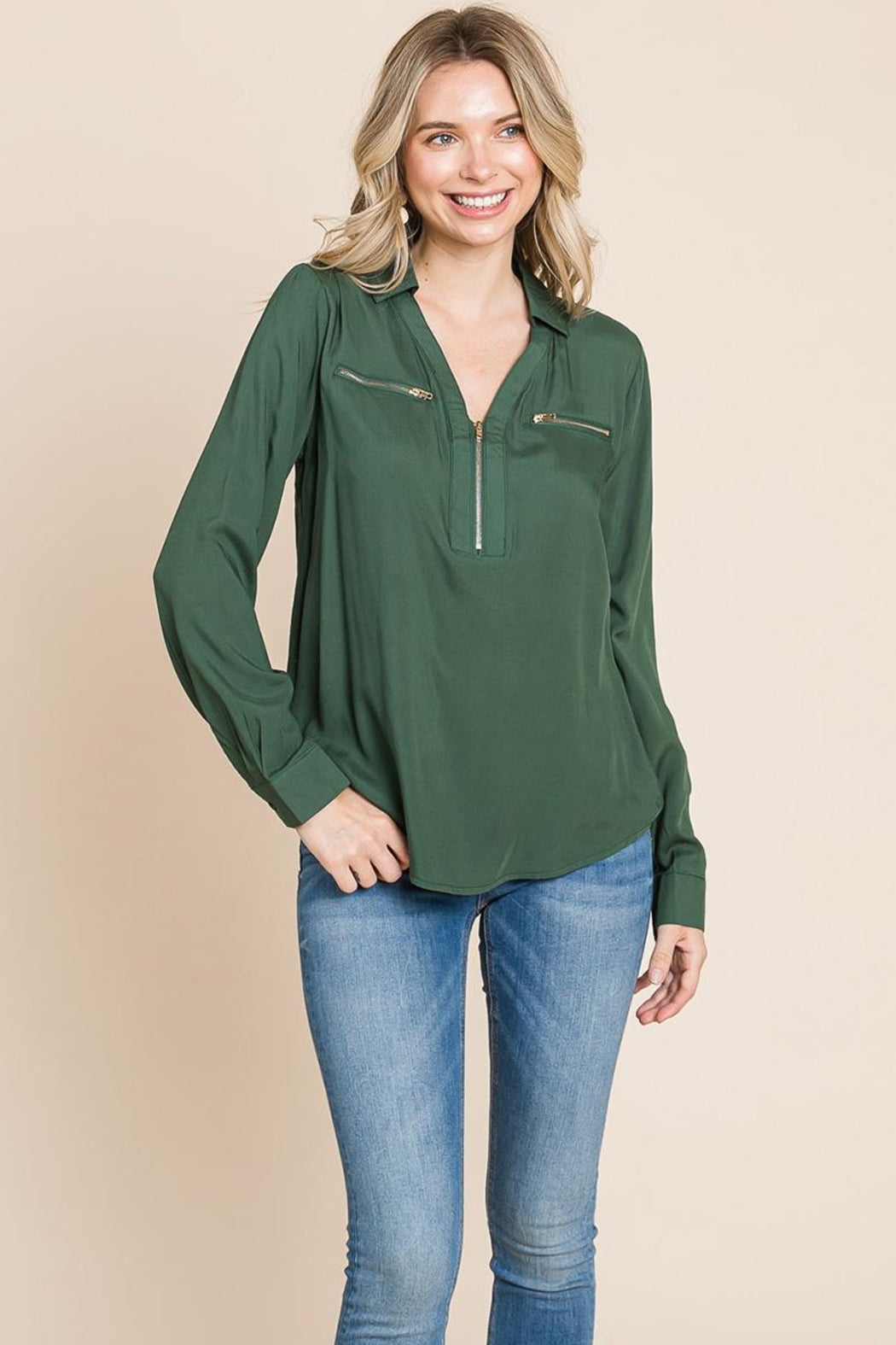 V Neck Front Zip Up Long Sleeve Top