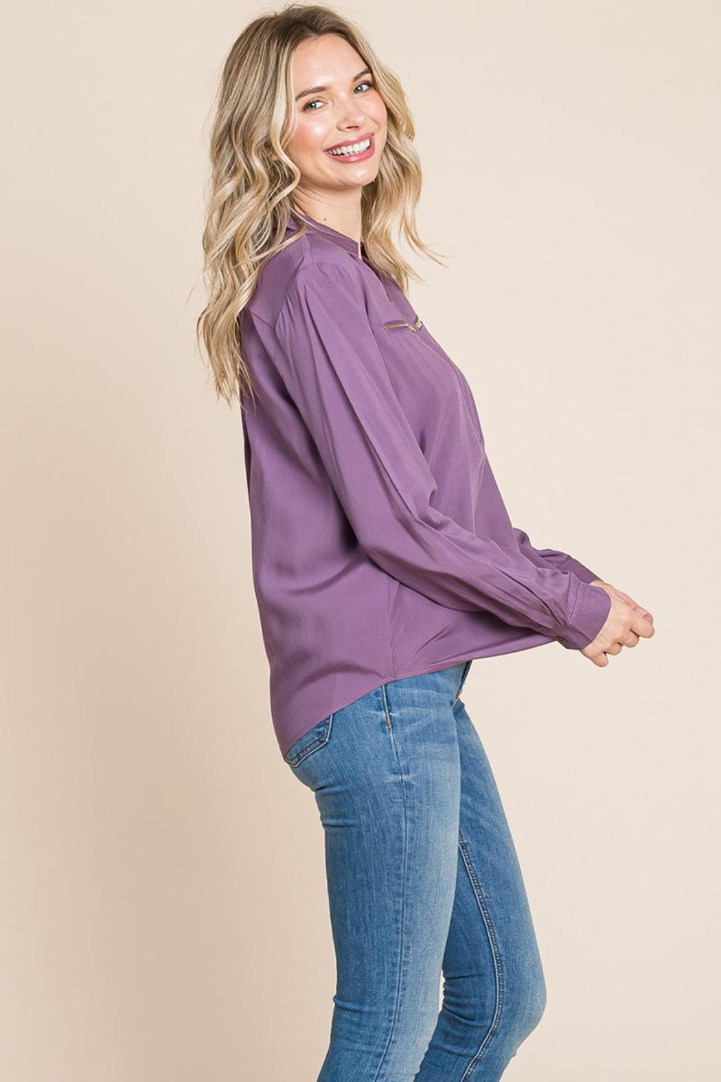 V Neck Front Zip Up Long Sleeve Top