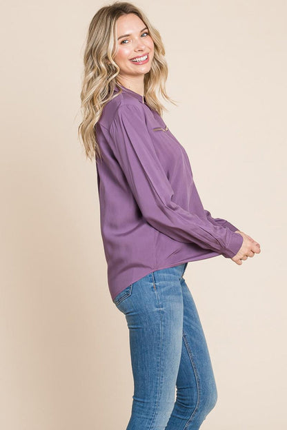 V Neck Front Zip Up Long Sleeve Top
