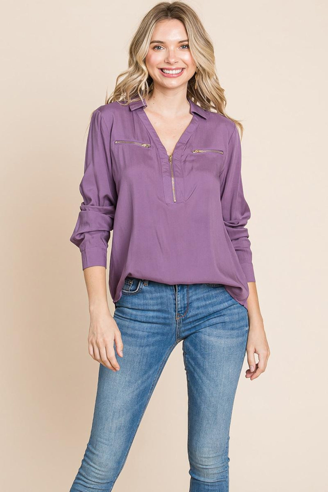 V Neck Front Zip Up Long Sleeve Top