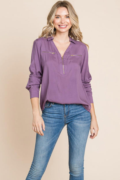 V Neck Front Zip Up Long Sleeve Top