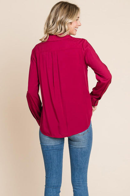 V Neck Front Zip Up Long Sleeve Top