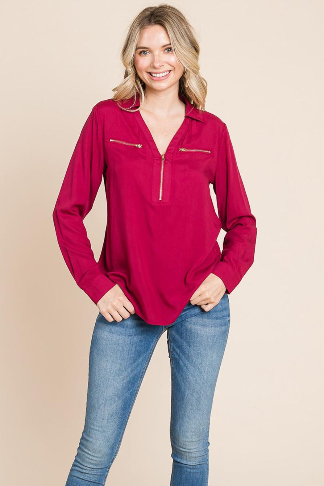 V Neck Front Zip Up Long Sleeve Top