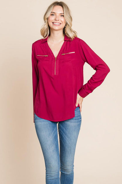 V Neck Front Zip Up Long Sleeve Top