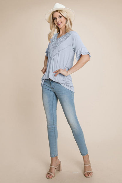 V Neck Lace Trim Front Ruffle Sleeve Shirt Tops