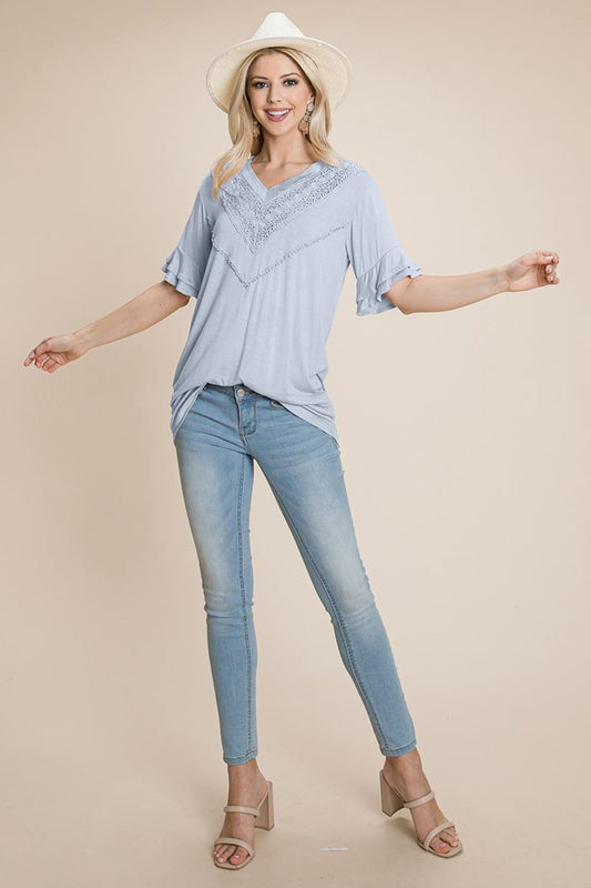 V Neck Lace Trim Front Ruffle Sleeve Shirt Tops