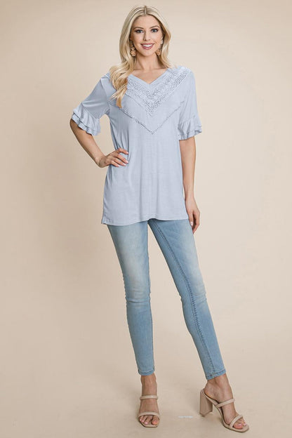 V Neck Lace Trim Front Ruffle Sleeve Shirt Tops