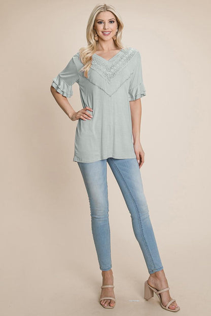 V Neck Lace Trim Front Ruffle Sleeve Shirt Tops