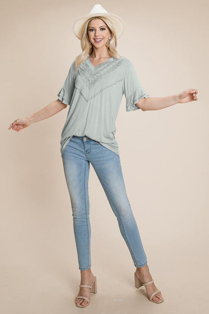 V Neck Lace Trim Front Ruffle Sleeve Shirt Tops