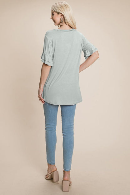 V Neck Lace Trim Front Ruffle Sleeve Shirt Tops