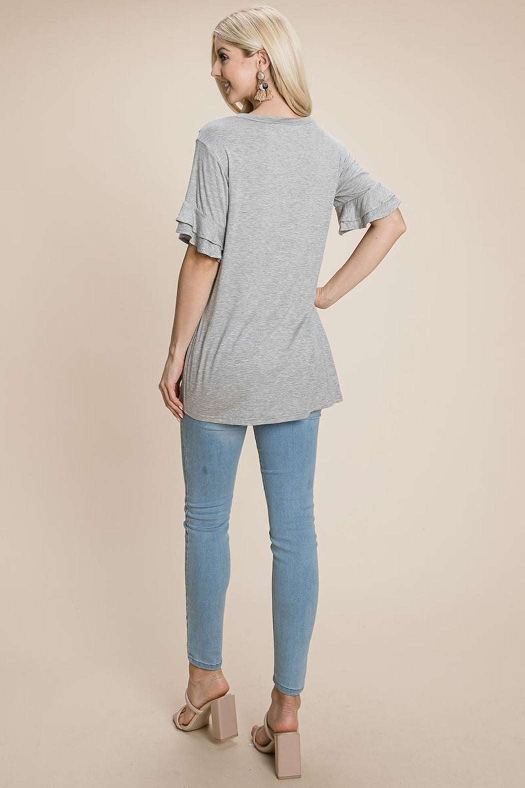 V Neck Lace Trim Front Ruffle Sleeve Shirt Tops