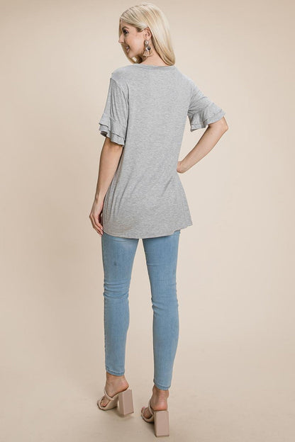 V Neck Lace Trim Front Ruffle Sleeve Shirt Tops