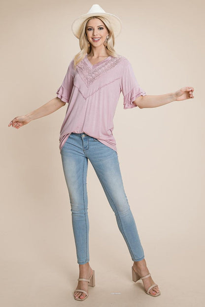V Neck Lace Trim Front Ruffle Sleeve Shirt Tops