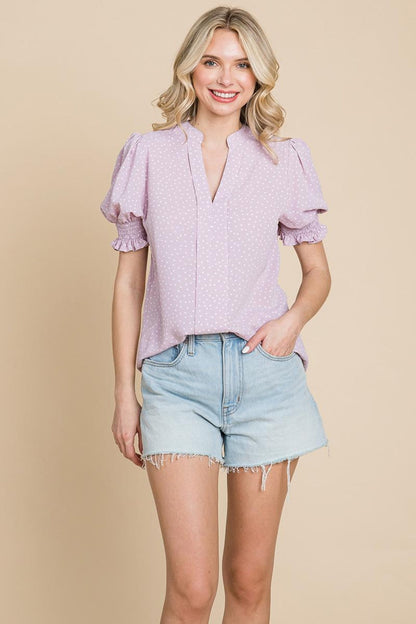 V Neck Polka Dot Short Smocked Sleeve Blouse
