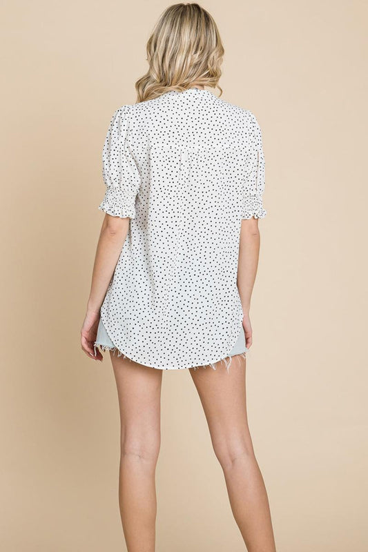 V Neck Polka Dot Short Smocked Sleeve Blouse