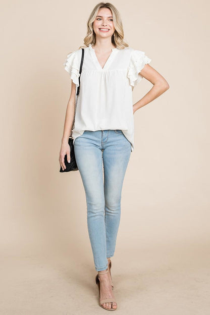 V Neck Ruffle Sleeve Textured Shirts Blouses