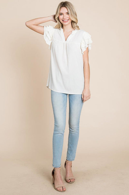 V Neck Ruffle Sleeve Textured Shirts Blouses