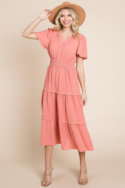 V Neck Short Sleeve Layered Maxi Dress