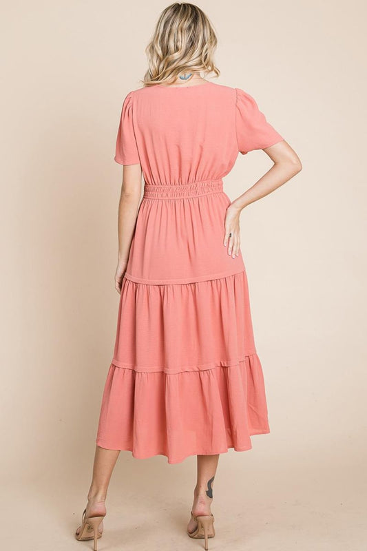 V Neck Short Sleeve Layered Maxi Dress