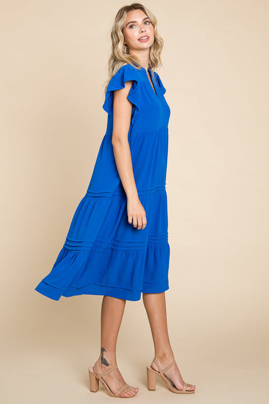 V Neck Tiered Flutter Sleeve Pleated Midi Dress