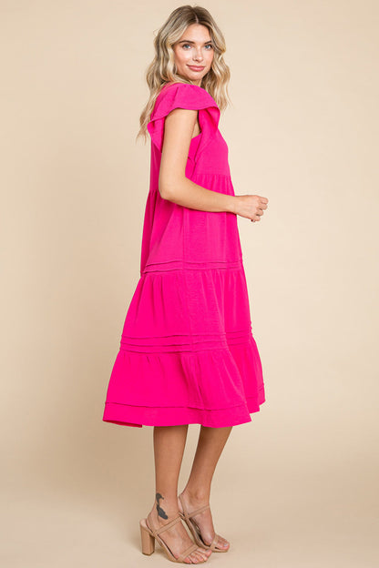 V Neck Tiered Flutter Sleeve Pleated Midi Dress
