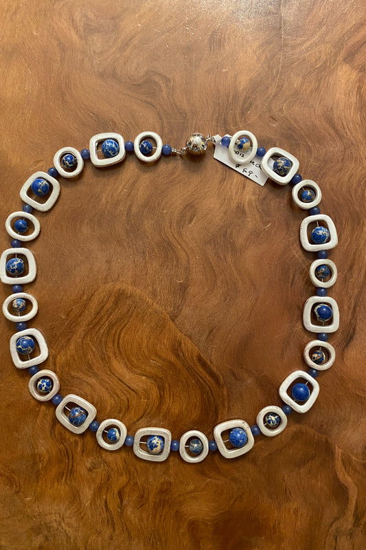 Silver and Lapis Beaded Necklace