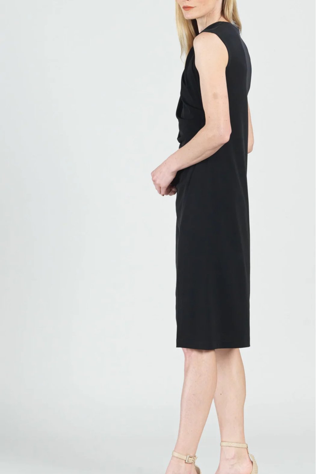 Solid-Sleeveless Ruched-Soft-knit Midi-Dress