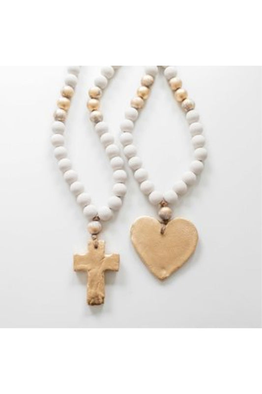 SOPHIA-WHITE BEADS W/ GRAY/GOLD ACCENT 30"(CROSS PENDANT)