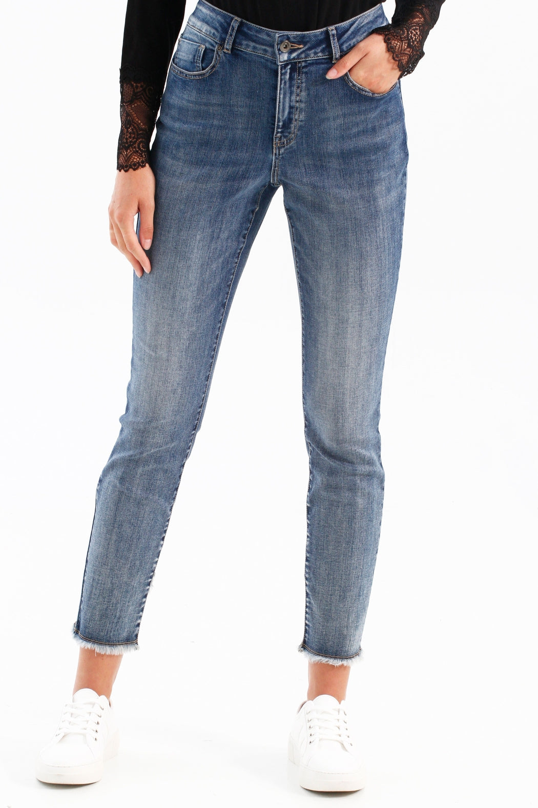 Stretch Denim Jeans With Released Crossover Hem