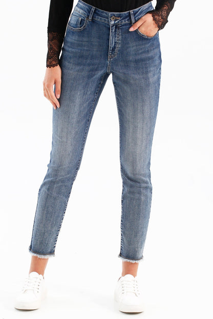 Stretch Denim Jeans With Released Crossover Hem
